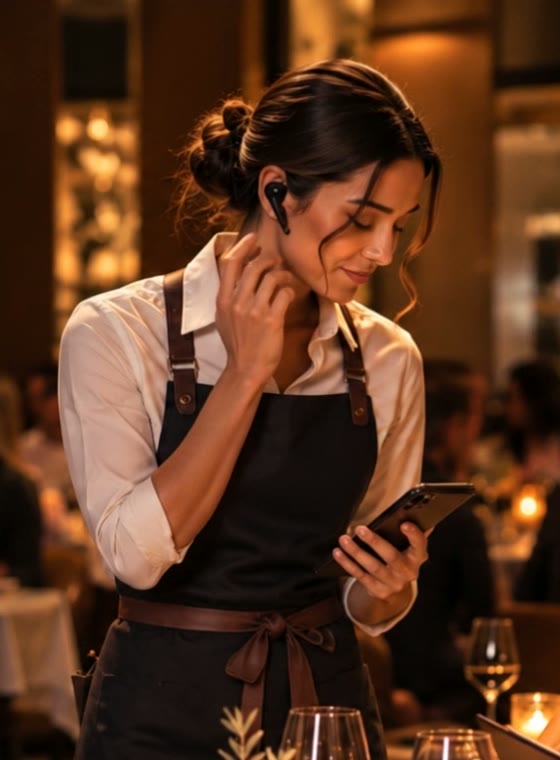 A server listens through a small earpiece while checking her phone at a guest's table.